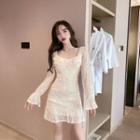 Flared-cuff Ruffled A-line Lace Dress