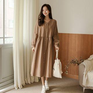 V-neck Shirred Stitched Long Dress