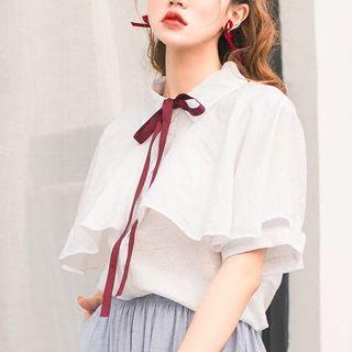 Ruffle Trim Bow Accent Elbow Sleeve Blouse
