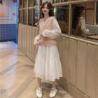 Dotted Mesh Long-sleeve Midi A-line Dress / Button-up Knit Vest