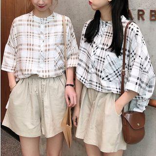 Plaid Elbow-sleeve Shirt / Shorts / Set