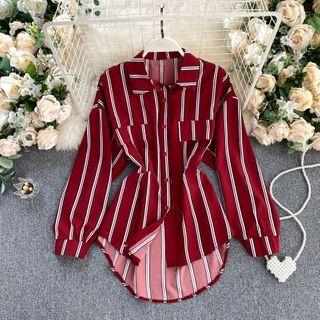 Mock Pocket Striped Long-sleeve Top