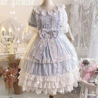 Lace Trim Short-sleeve Midi A-line Dress / Faux-pearl Choker / Bow Hairband / Hair Clip / Waist Accessory / Mesh Open Front Skirt / Set