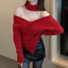 Off-shoulder Irregular V-neck Sweater