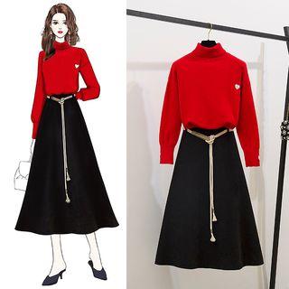 Turtleneck Heart Embroidered Sweater / Midi A-line Skirt / Set