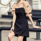Puff-sleeve Bow-accent Mesh Mini A-line Dress