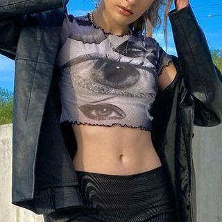 Short Sleeve Printed Cropped Mesh Top