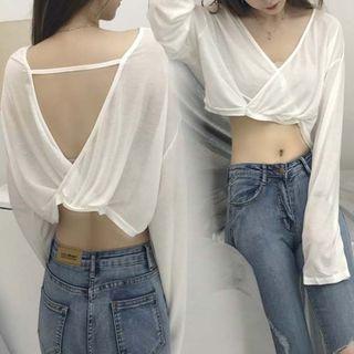 Long-sleeve Backless Sheer Crop Top