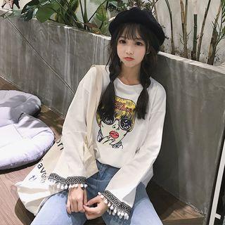 Cartoon Print Pompom Trim Pullover