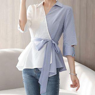 Striped Two-tone Elbow-sleeve Blouse