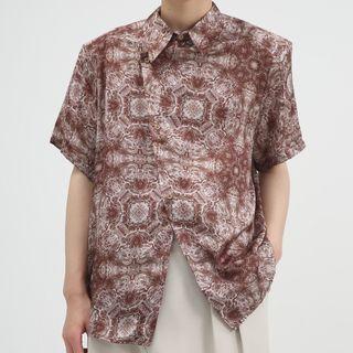 Elbow-sleeve Print Asymmetrical Shirt