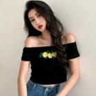 Off-shoulder Floral Embroidered T-shirt Black - One Size