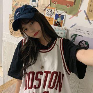 Plain Elbow-sleeve T-shirt / Lettering Oversize Vest