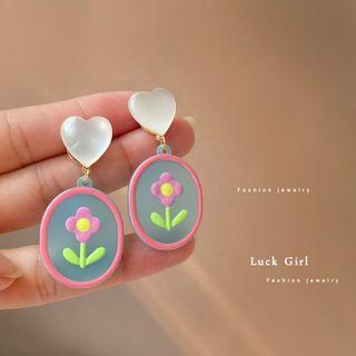 Heart Flower Resin Dangle Earring 1 Pair - S925 Silver - Blue & Pink - One Size