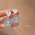 Heart Flower Resin Dangle Earring 1 Pair - S925 Silver - Blue & Pink - One Size