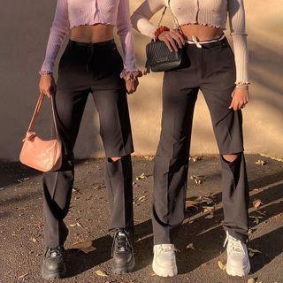 High Waist Distressed Straight-fit Pants