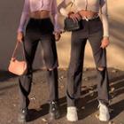 High Waist Distressed Straight-fit Pants