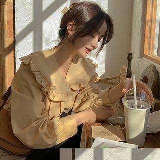 Long-sleeve Collared Ruffle Trim Blouse Yellow - One Size