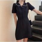 Lace Trim Collared Short-sleeve Knit A-line Dress