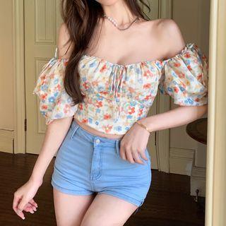 Square Neck Floral Printed Cropped Blouse As Shown In Figure - One Size