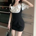 Short-sleeve Bow Blouse / Spaghetti Strap Mini Sheath Dress