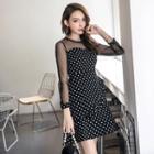 Mesh Panel Dotted Long-sleeve A-line Dress
