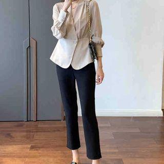 Set: V-neck Button-up Blouse + Cropped Straight Leg Pants