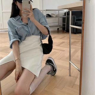 Denim Shirt / Asymmetric Mini A-line Skirt