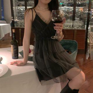 Tie-strap Ruffle Trim Plain Sheer Dress