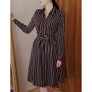 Stripe Shirtdress With Sash Navy Blue - One Size