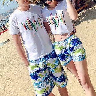 Couple Matching Set: Lettering Short-sleeve T-shirt + Drawstring Shorts