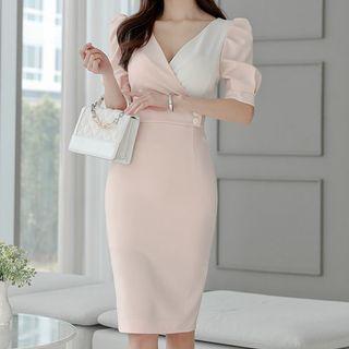 Puff-sleeve Contrast Panel Midi Sheath Dress