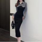 Mock Two-piece Long-sleeve Houndstooth Panel Dress