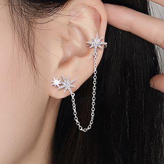 Chained Star Cuff Earring With Ear Plug - 1 Pc - Clip On Earring - Silver - One Size