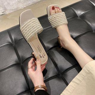 Faux Peral Chunky Heel Slide Sandals