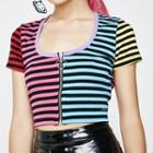 Short-sleeve Multi-colored Stripe Zip Crop Top