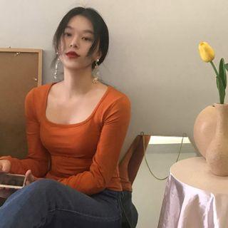 Long-sleeve Square-neck T-shirt Carrot Orange - One Size