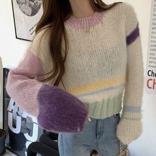 Color Block Sweater Light Purple & White & Aqua Green - One Size