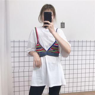 Set: Short-sleeve Lettering T-shirt + Striped Camisole