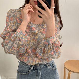 Floral Square-neck Long-sleeve Blouse Floral Print Blouse - One Size