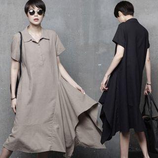 Half-placket Asymmetric-hem Linen Blend Dress
