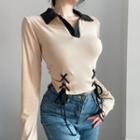 Long-sleeve Lace-up Polo Shirt Nude - One Size