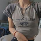 Short-sleeve Open-placket Lettering Cropped T-shirt Gray - One Size
