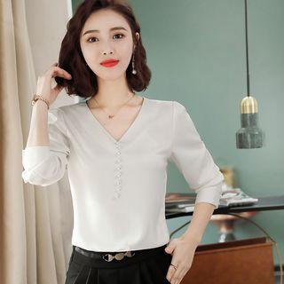 V-neck Faux Pearl Chiffon Blouse