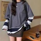 Mock Two-piece Striped Long-sleeve Loose-fit Top / Plain Mini Skirt
