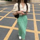Puff-sleeve V-neck Blouse / High-waist Floral Midi Straight-fit Skirt