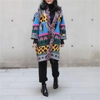 Fringe-trim Patterned Long Cardigan One Size