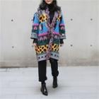 Fringe-trim Patterned Long Cardigan One Size