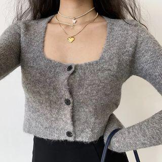 Cropped Square-neck Wool Cardigan Dark Gray - One Size