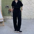 Elbow-sleeve Collar Wide Leg Jumpsuit